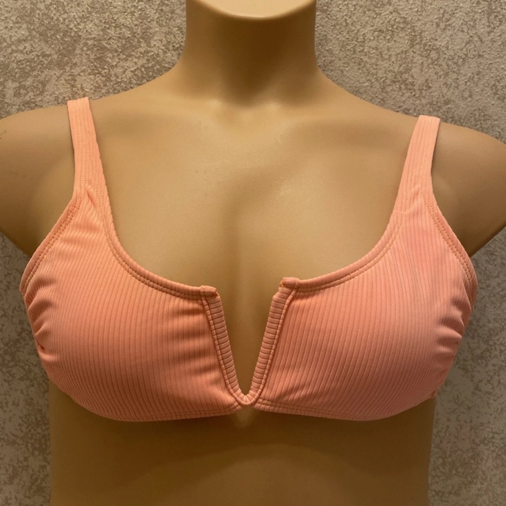 Peach Ribbed V-Center Bikini Top